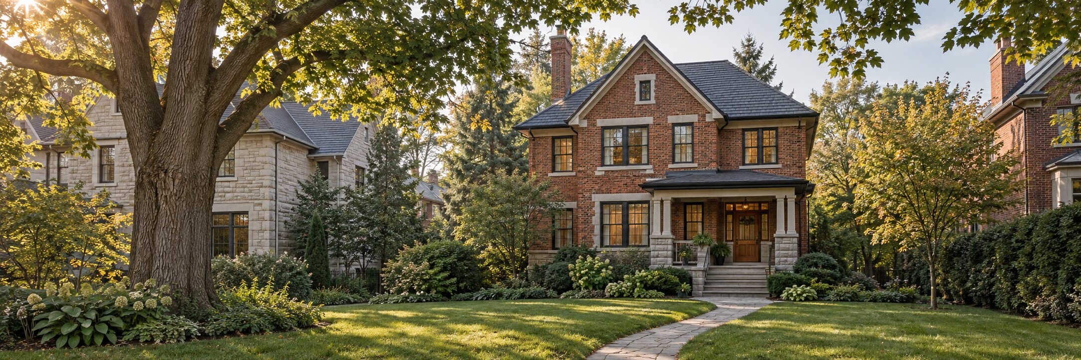Brick and stone homes among mature maple trees in a leafy Canadian neighbourhood.