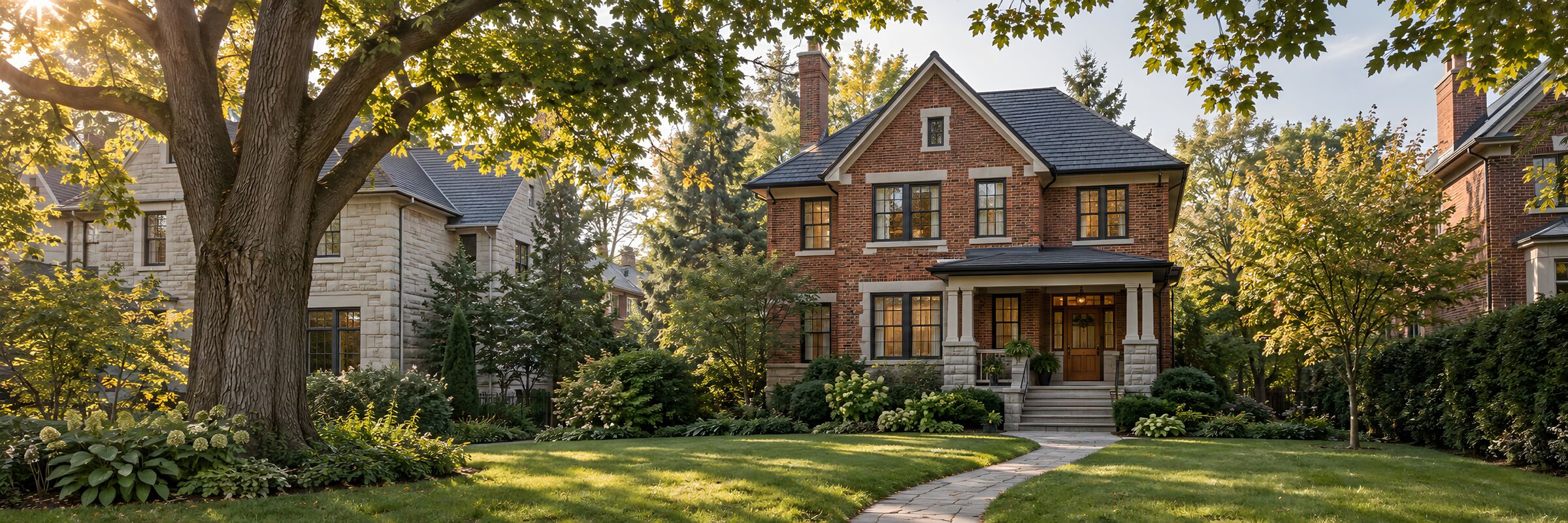 Brick and stone homes among mature maple trees in a leafy Canadian neighbourhood.
